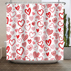 Aperturee - Aperturee Vibrant Red and Pink Sketched Hearts Pattern Shower Curtain Romantic Love Theme for Valentine’s Day Decor