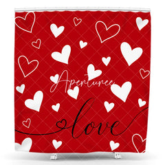 Aperturee - Aperturee Vibrant Red and White Hearts Love Script Shower Curtain Romantic Valentine’s Day Bathroom Decor for Couples