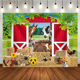 Aperturee - Aperturee Vibrant Red Barn Farm Animals Birthday Backdrop featuring Hay Bales Sunflowers and Rustic Wagon Wheel
