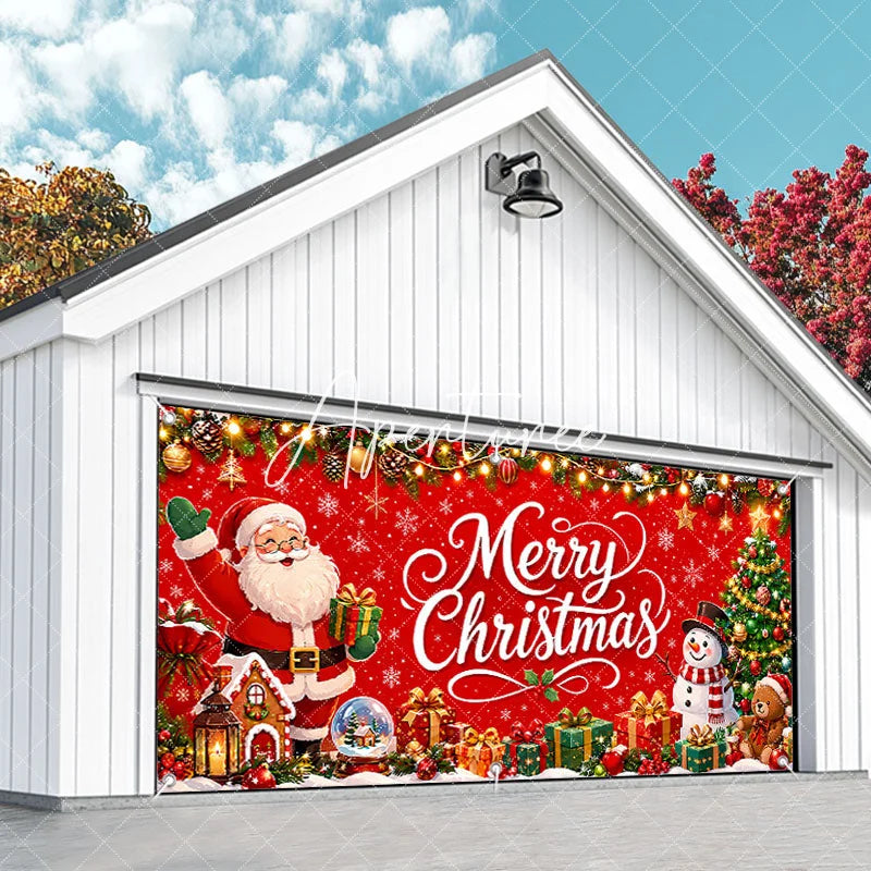 Aperturee - Aperturee Vibrant Red Merry Christmas Garage Door Banner with Santa Claus Snowman and Christmas Tree Holiday Decor
