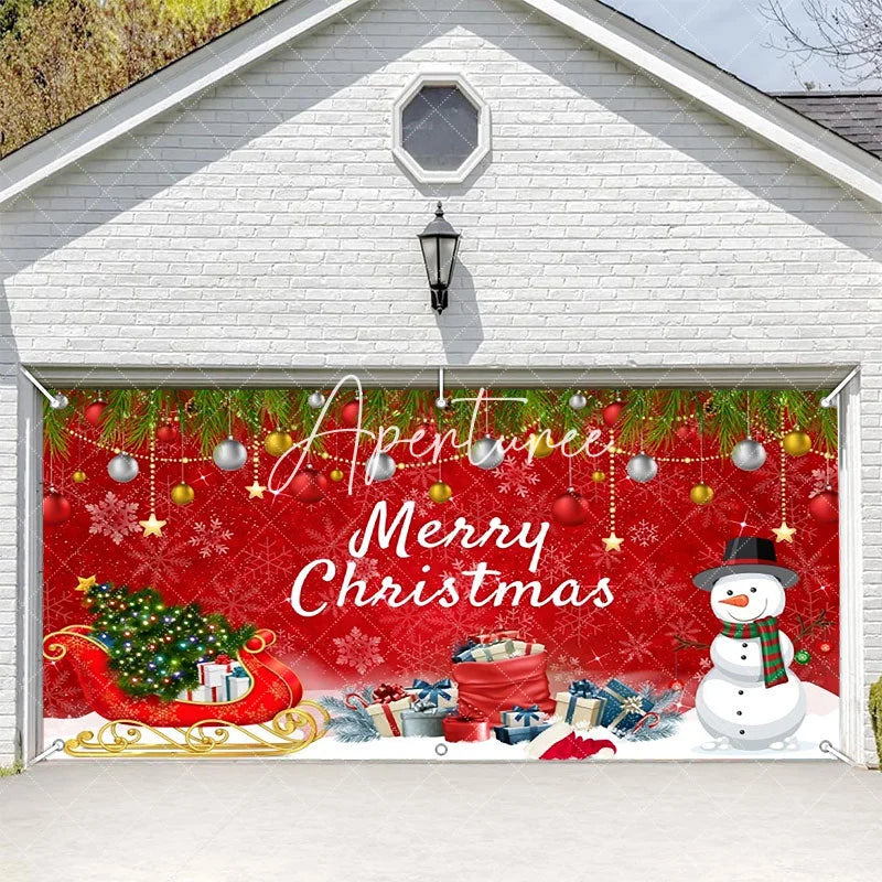 Aperturee - Aperturee Vibrant Red Merry Christmas Garage Door Banner with Snowman Sleigh and Festive Ornaments Holiday Decor