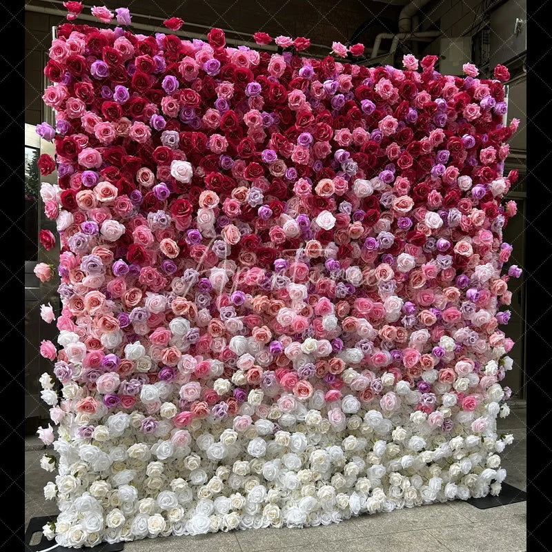 Aperturee - Aperturee Vibrant Red Pink and White Gradient Artificial Flower Wall Elegant Rose Photo Booth Backdrop for Weddings and Parties