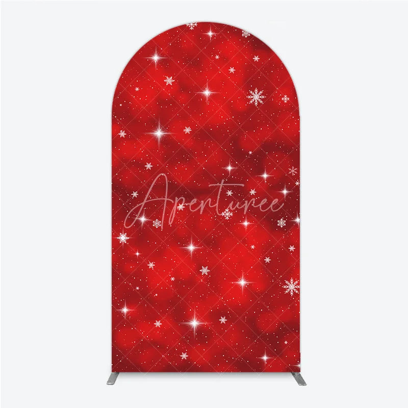 Aperturee - Aperturee Vibrant Red Winter Wonderland Round Top Arch Backdrop with Sparkling Snowflakes and Stars Holiday Decor