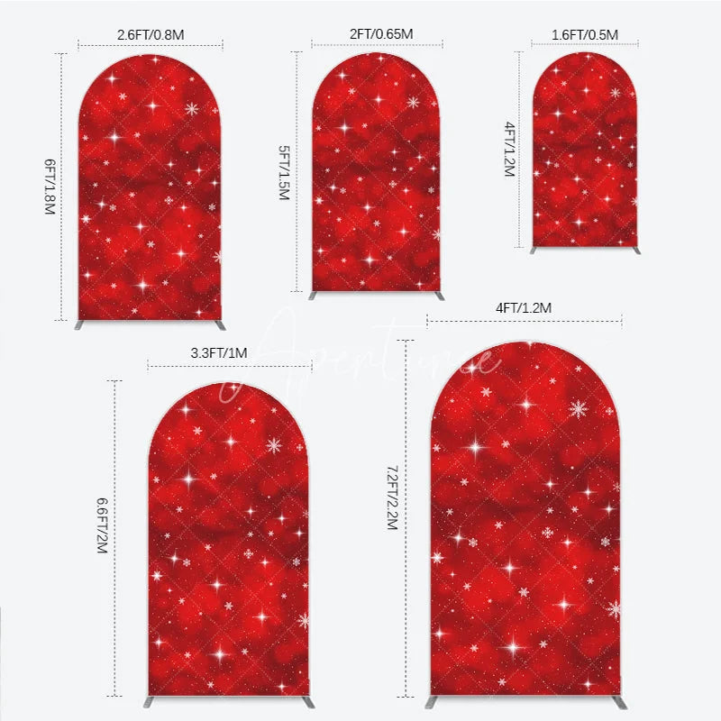 Aperturee - Aperturee Vibrant Red Winter Wonderland Round Top Arch Backdrop with Sparkling Snowflakes and Stars Holiday Decor