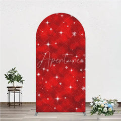 Aperturee - Aperturee Vibrant Red Winter Wonderland Round Top Arch Backdrop with Sparkling Snowflakes and Stars Holiday Decor