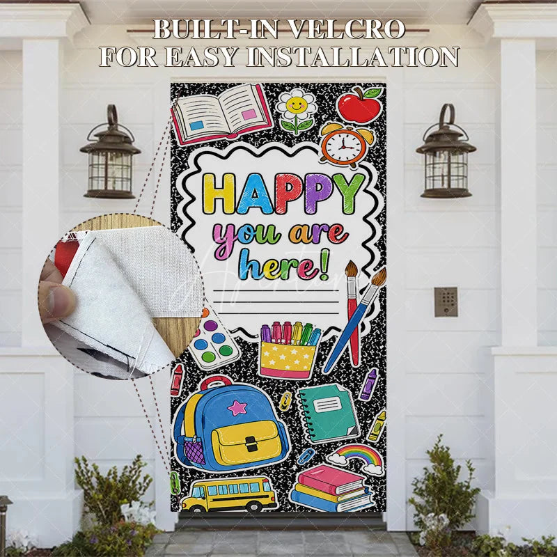 Aperturee - Aperturee Vibrant School Supplies and Happy You Are Here Message Door Cover Classroom Welcome Back to School Decor