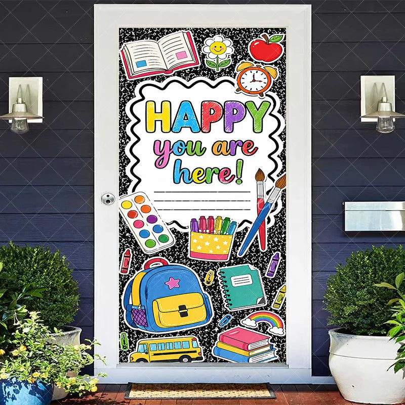 Aperturee - Aperturee Vibrant School Supplies and Happy You Are Here Message Door Cover Classroom Welcome Back to School Decor