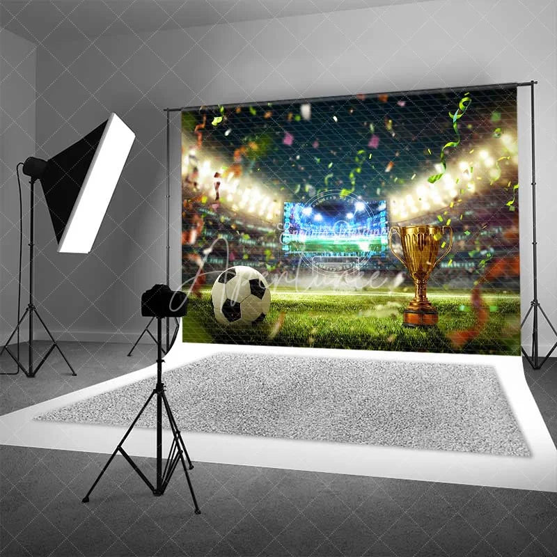 Aperturee - Aperturee Vibrant Soccer Field Backdrop Golden Trophy Confetti Celebration Sports Theme Party Photography
