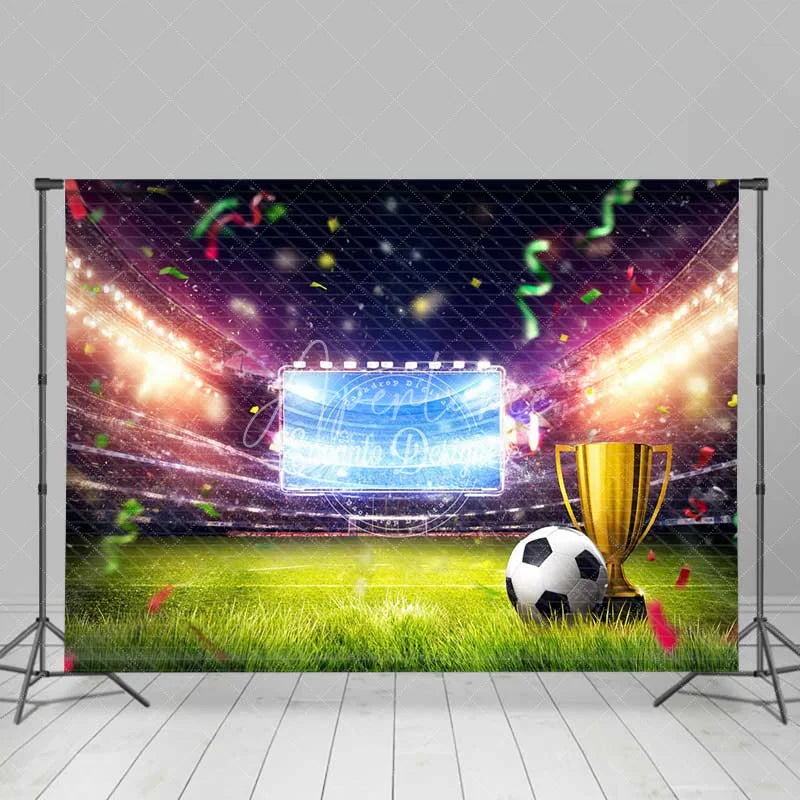 Aperturee - Aperturee Vibrant Soccer Stadium Backdrop Championship Trophy Sports Theme Party Celebration Photography