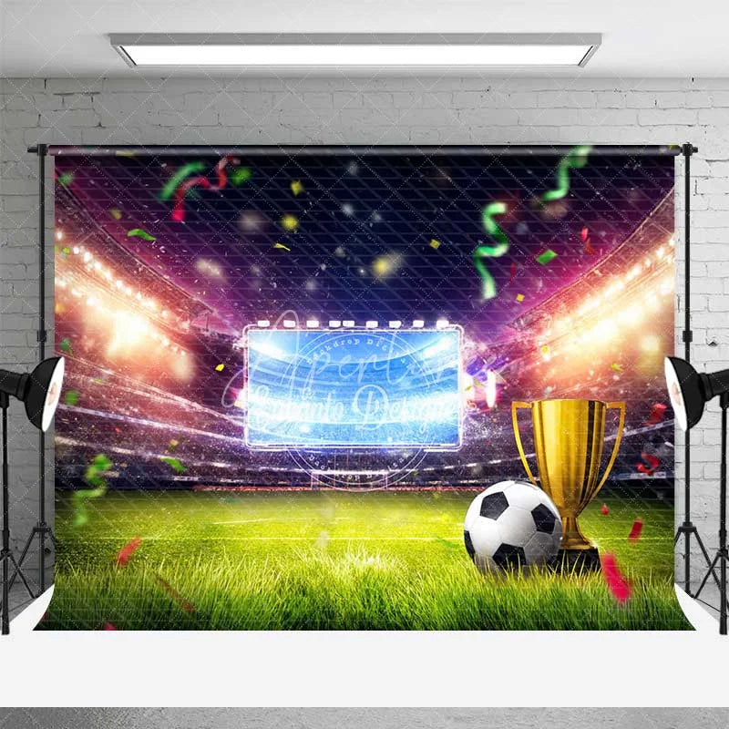 Aperturee - Aperturee Vibrant Soccer Stadium Backdrop Championship Trophy Sports Theme Party Celebration Photography