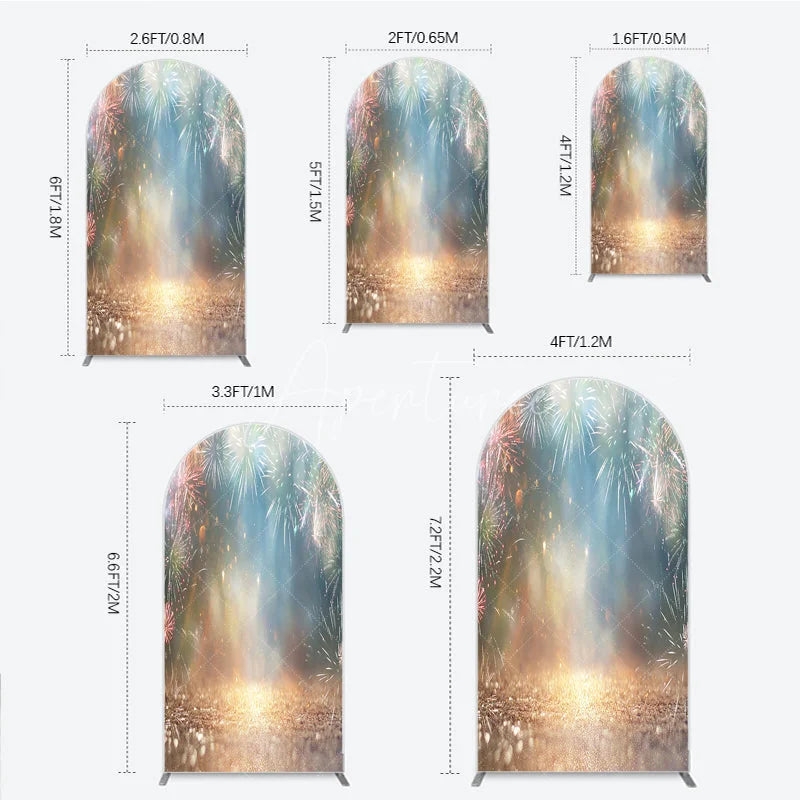 Aperturee - Aperturee Vibrant Sparkling Light Bursts Celebration Round Top Arch Backdrop Golden Glitter Night Sky Party Decor