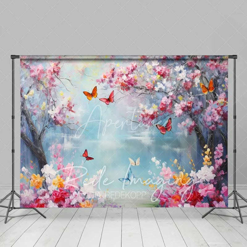 Aperturee - Aperturee Vibrant Spring Cherry Blossom Lake Backdrop Colorful Butterfly Floral Photography Background for Parties