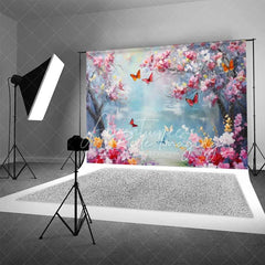 Aperturee - Aperturee Vibrant Spring Cherry Blossom Lake Backdrop Colorful Butterfly Floral Photography Background for Parties