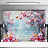 Aperturee - Aperturee Vibrant Spring Cherry Blossom Lake Backdrop Colorful Butterfly Floral Photography Background for Parties
