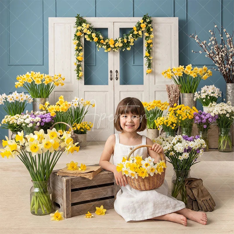 Aperturee - Aperturee Vibrant Spring Floral Combo Set Backdrop Blue Paneled Wall with White Doors Yellow Daffodils and Wooden Floor