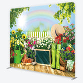 Aperturee - Aperturee Vibrant Spring Garden with Rainbow and Sunflowers Square Double-Sided Backdrop Outdoor Photo Booth Decor