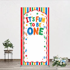 Aperturee - Aperturee Vibrant Striped It’s Fun To Be One Rectangle Arch Backdrop First Birthday Party Decor