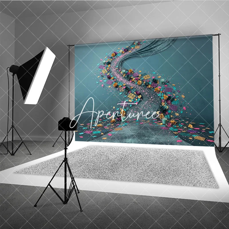 Aperturee - Aperturee Vibrant Teal and Gold Floral Photography Backdrop with Purple and Pink Decorative Confetti Festive Celebration Decor