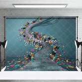 Aperturee - Aperturee Vibrant Teal and Gold Floral Photography Backdrop with Purple and Pink Decorative Confetti Festive Celebration Decor