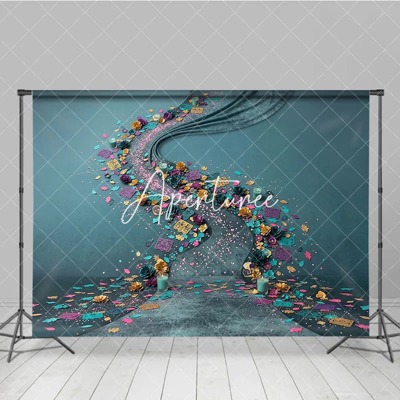 Aperturee - Aperturee Vibrant Teal and Gold Floral Photography Backdrop with Purple and Pink Decorative Confetti Festive Celebration Decor