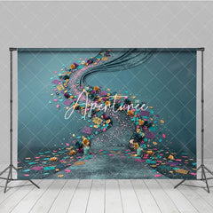 Aperturee - Aperturee Vibrant Teal and Gold Floral Photography Backdrop with Purple and Pink Decorative Confetti Festive Celebration Decor