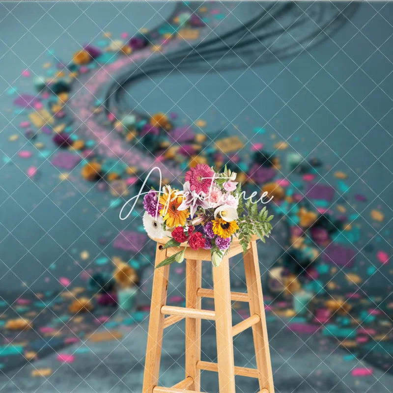 Aperturee - Aperturee Vibrant Teal and Gold Floral Photography Backdrop with Purple and Pink Decorative Confetti Festive Celebration Decor