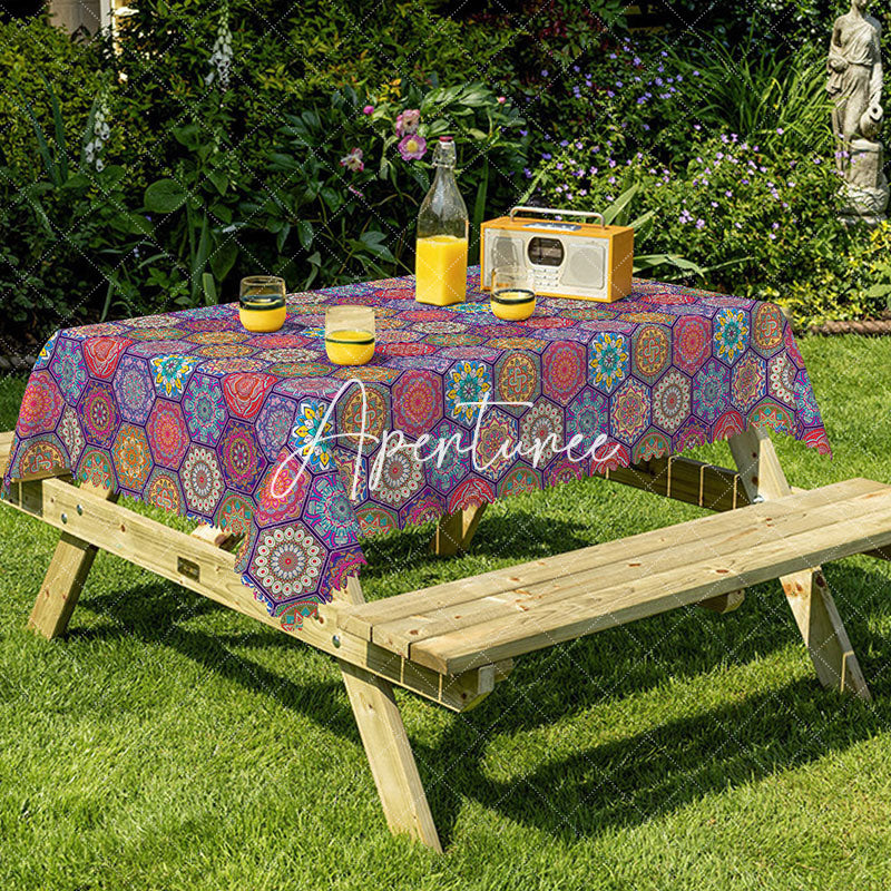 Aperturee - Aperturee Vibrant Tradition Flower Hexagon Rectangle Tablecloth