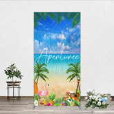 Aperturee - Aperturee Vibrant Tropical Beach Ocean with Palm Trees and Flamingo Rectangle Arch Backdrop Summer Luau Party Decor