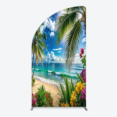Aperturee - Aperturee Vibrant Tropical Beach Palm Tree Ocean Waves Half Moon Arch Backdrop Summer Paradise Vacation Party Decor