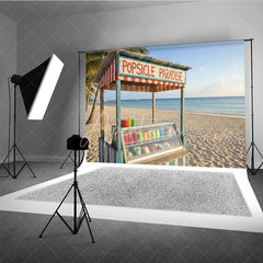 Aperturee - Aperturee Vibrant Tropical Beach Popsicle Stand Photography Backdrop Summer Paradise Ocean Palm Trees Decor