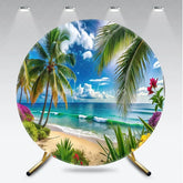 Aperturee - Aperturee Vibrant Tropical Beach Round Backdrop with Palm Trees and Turquoise Ocean Waves Summer Paradise Party Decor