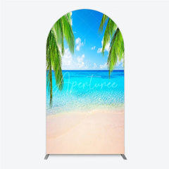 Aperturee - Aperturee Vibrant Tropical Beach with Blue Ocean and Sandy Shore Round Top Arch Backdrop Green Palm Trees Summer Party Decor