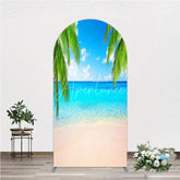 Aperturee - Aperturee Vibrant Tropical Beach with Blue Ocean and Sandy Shore Round Top Arch Backdrop Green Palm Trees Summer Party Decor