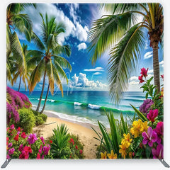 Aperturee - Aperturee Vibrant Tropical Beach with Palm Trees and Ocean Waves Square Double-Sided Backdrop Scenic Summer Party Decor