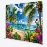 Aperturee - Aperturee Vibrant Tropical Beach with Palm Trees and Ocean Waves Square Double-Sided Backdrop Scenic Summer Party Decor