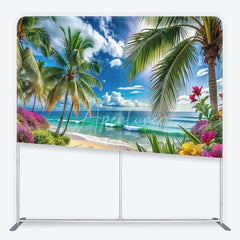Aperturee - Aperturee Vibrant Tropical Beach with Palm Trees and Ocean Waves Square Double-Sided Backdrop Scenic Summer Party Decor