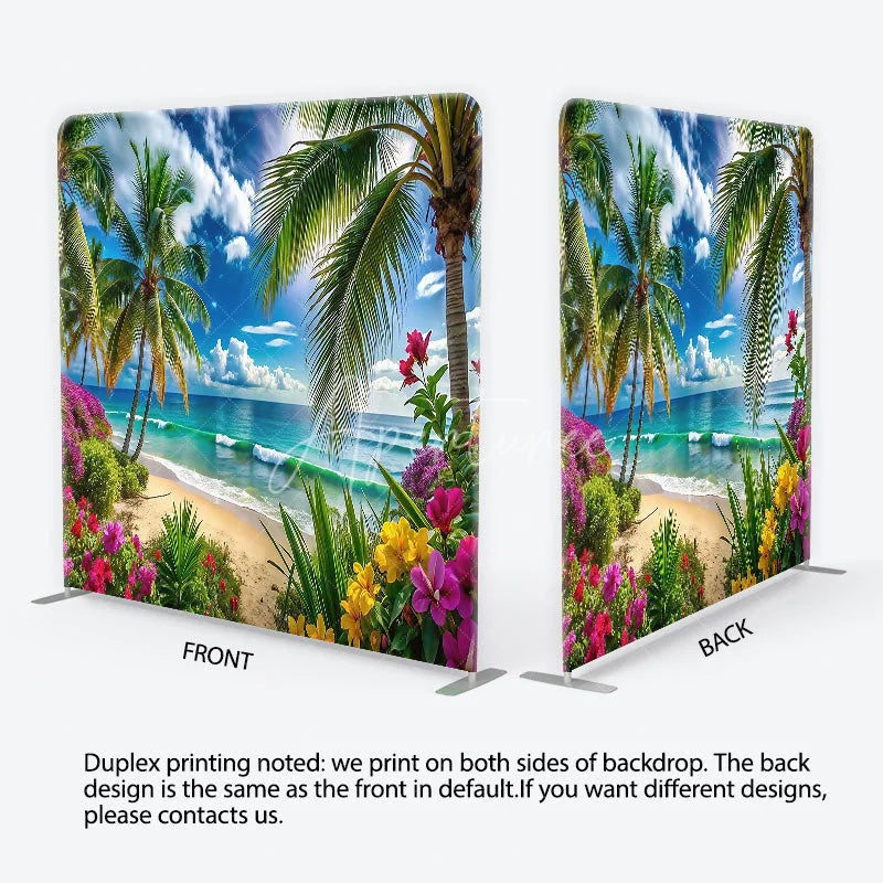 Aperturee - Aperturee Vibrant Tropical Beach with Palm Trees and Ocean Waves Square Double-Sided Backdrop Scenic Summer Party Decor