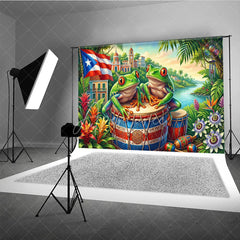 Aperturee - Aperturee Vibrant Tropical Coqui Frog and Puerto Rican Flag Holiday Backdrop Lush Caribbean Island Scene Decor