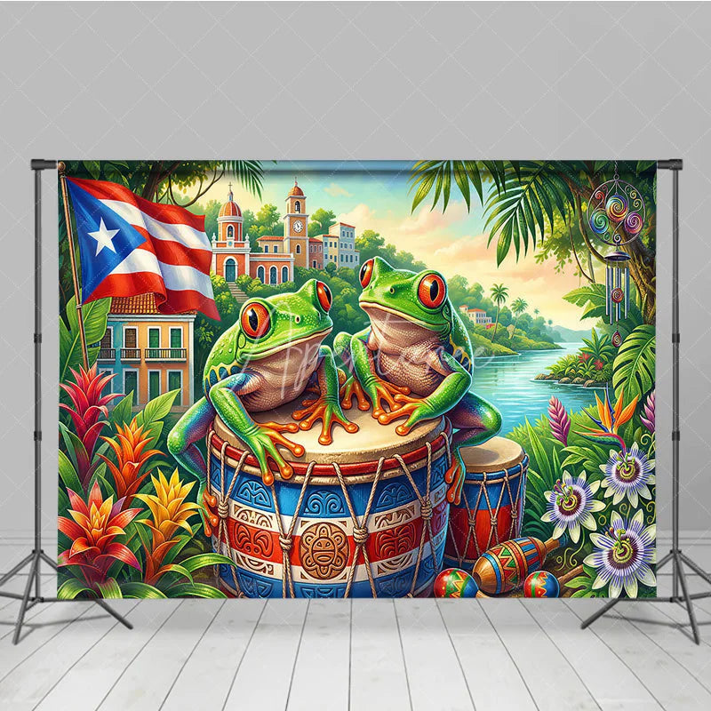 Aperturee - Aperturee Vibrant Tropical Coqui Frog and Puerto Rican Flag Holiday Backdrop Lush Caribbean Island Scene Decor