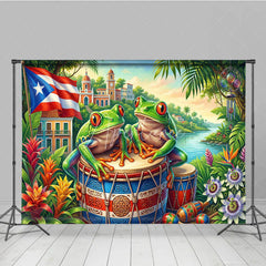 Aperturee - Aperturee Vibrant Tropical Coqui Frog and Puerto Rican Flag Holiday Backdrop Lush Caribbean Island Scene Decor