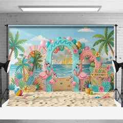 Aperturee - Aperturee Vibrant Tropical Flamingo Beach Party Photography Backdrop featuring Palm Trees and Aloha Sign for Summer Celebrations
