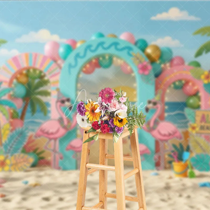 Aperturee - Aperturee Vibrant Tropical Flamingo Beach Party Photography Backdrop featuring Palm Trees and Aloha Sign for Summer Celebrations