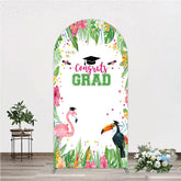Aperturee - Aperturee Vibrant Tropical Graduation Arch Backdrop with Flamingo Toucan and Congrats GRAD Text for Festive Party Decor