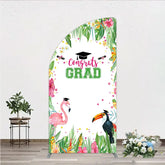 Aperturee - Aperturee Vibrant Tropical Graduation Half Moon Arch Backdrop with Flamingo Toucan and Congrats GRAD Text for Festive Party