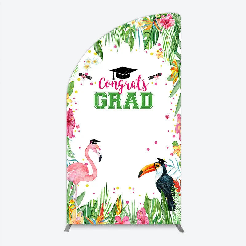 Aperturee - Aperturee Vibrant Tropical Graduation Half Moon Arch Backdrop with Flamingo Toucan and Congrats GRAD Text for Festive Party