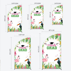 Aperturee - Aperturee Vibrant Tropical Graduation Half Moon Arch Backdrop with Flamingo Toucan and Congrats GRAD Text for Festive Party