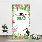 Aperturee - Aperturee Vibrant Tropical Graduation Rectangle Backdrop with Flamingo Toucan and Congrats GRAD Text for Festive Party Decor