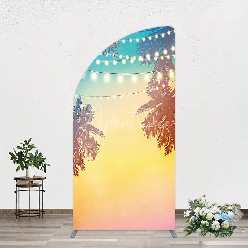 Aperturee - Aperturee Vibrant Tropical Sunset Half Moon Arch Backdrop with Palm Trees and String Lights Summer Beach Party Decor