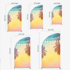 Aperturee - Aperturee Vibrant Tropical Sunset Half Moon Arch Backdrop with Palm Trees and String Lights Summer Beach Party Decor