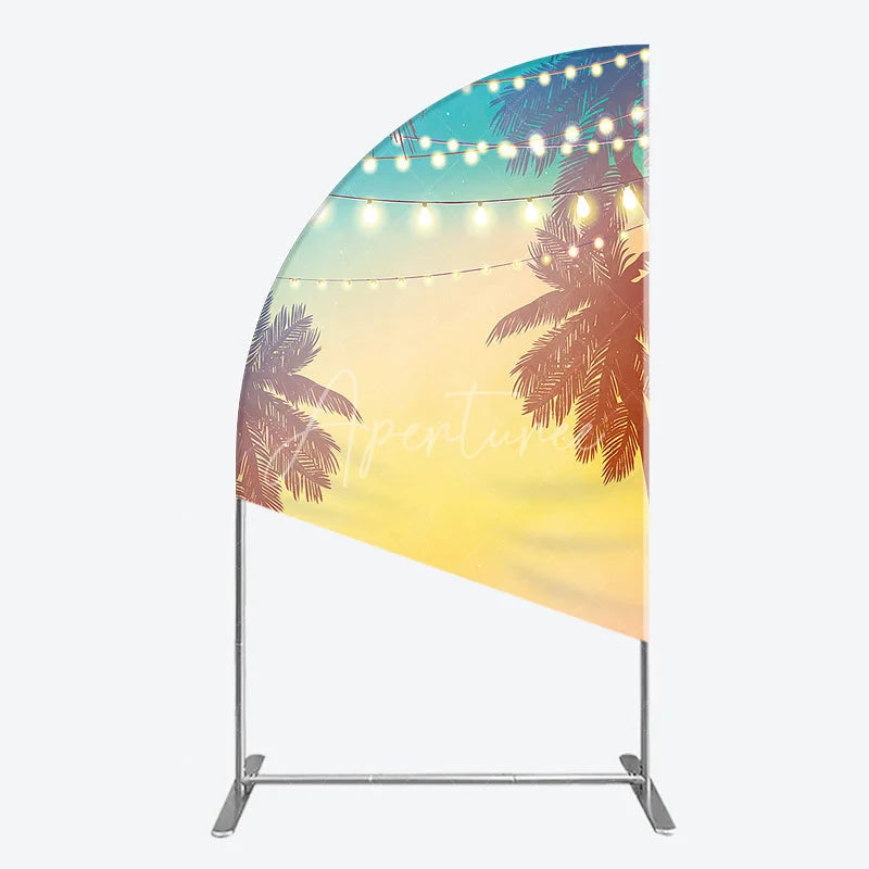 Aperturee - Aperturee Vibrant Tropical Sunset Half Moon Arch Backdrop with Palm Trees and String Lights Summer Beach Party Decor
